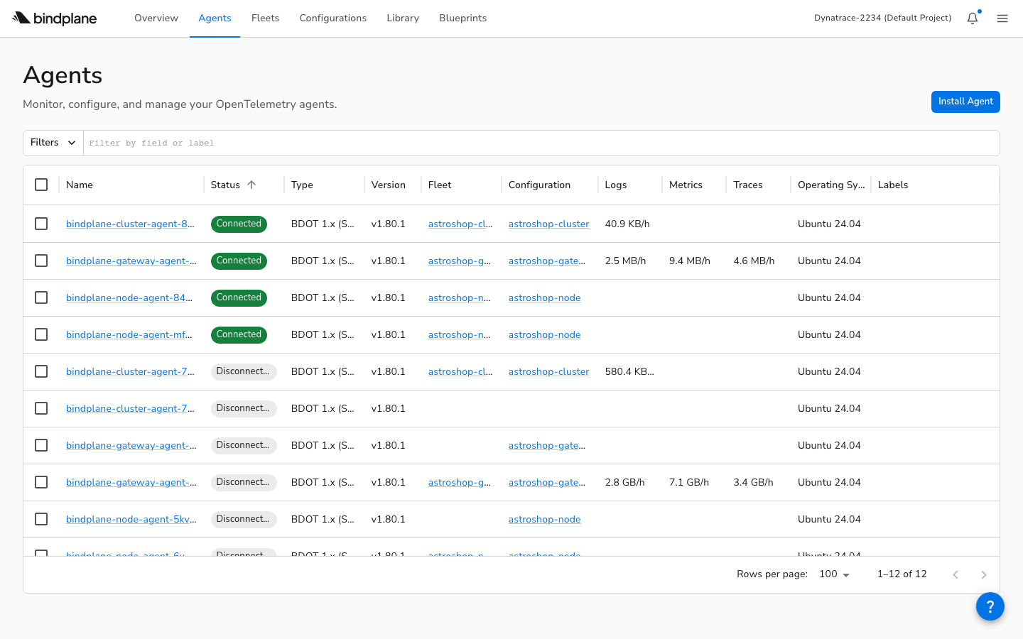 BindPlane Agents page showing all connected agents with status, fleet, configuration, and throughput