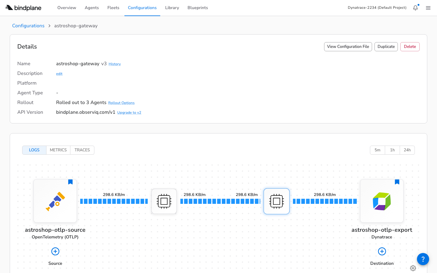 Gateway configuration in the BindPlane UI showing the OTLP source connected to the Dynatrace destination