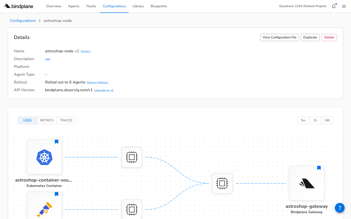 Node configuration showing container source and OTLP source forwarding to the gateway