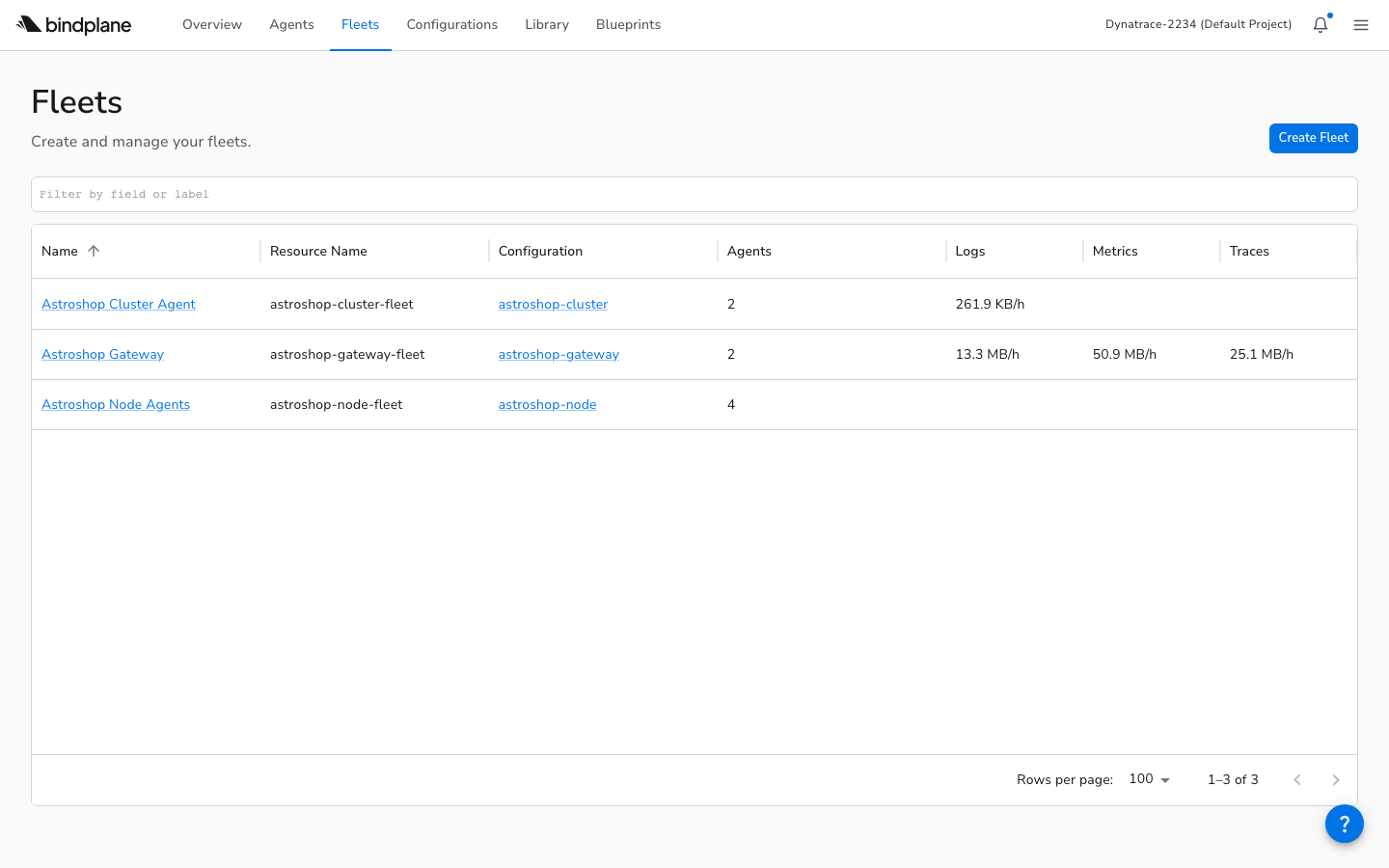 Fleet list in the BindPlane UI showing three fleets with agent counts and throughput